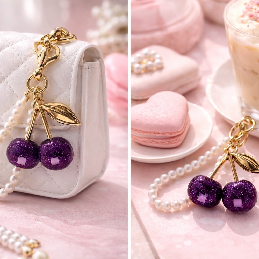 Deep Purple Cherry Keychain with Pearl details NWOT - Picture 7 of 13